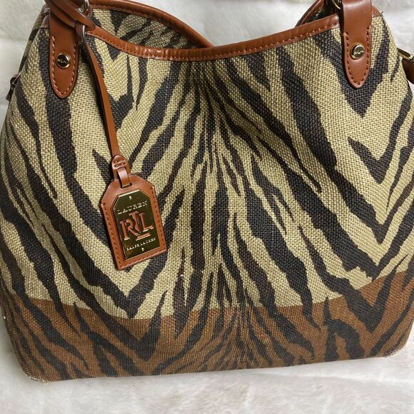 Lauren Ralph Lauren Brown & khaki burlap zebra prints  shoulder bag . - Picture 16 of 16